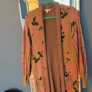 Woman’s size Medium Floral Knit Open-Front Long Sweater - Pink and Tan